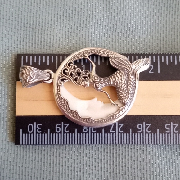BALI GODDESS CARVED BONE MOON AND STERLING SILVER MERMAID PENDANT - Picture 6 of 7